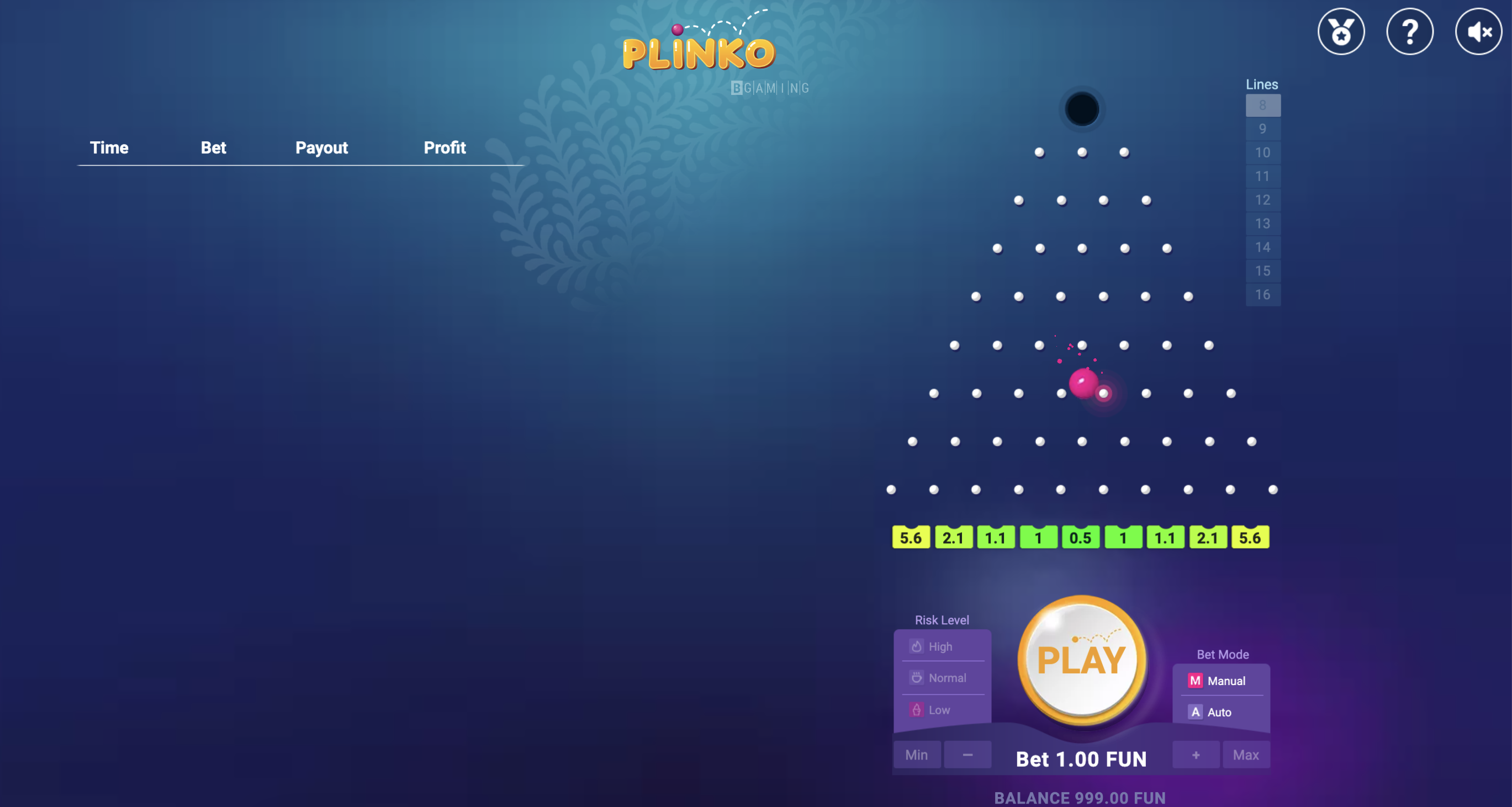 Graphics and interface of the game Plinko